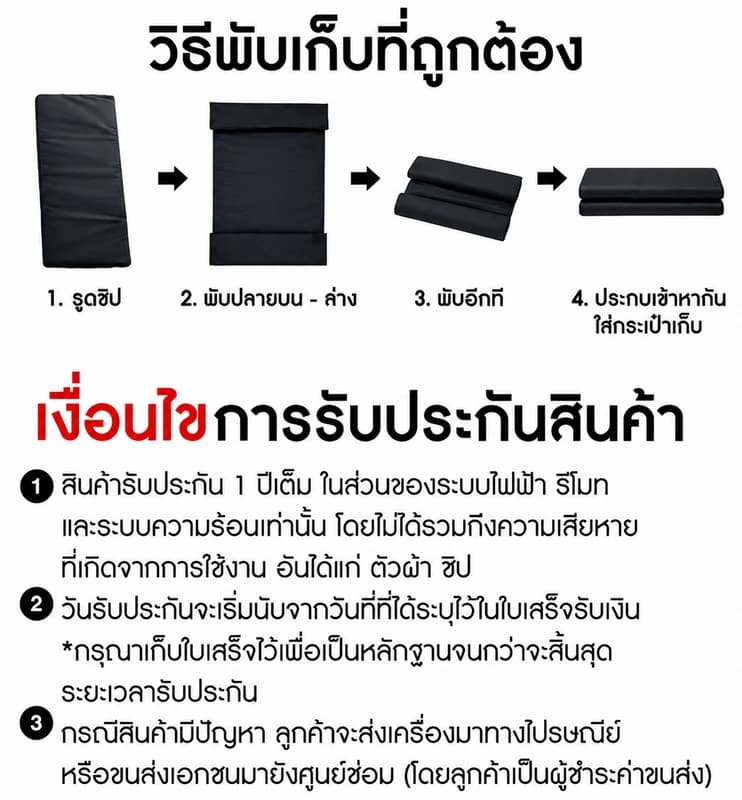 วิธีพับเก็บและเงื่อนไขการรับประกัน
